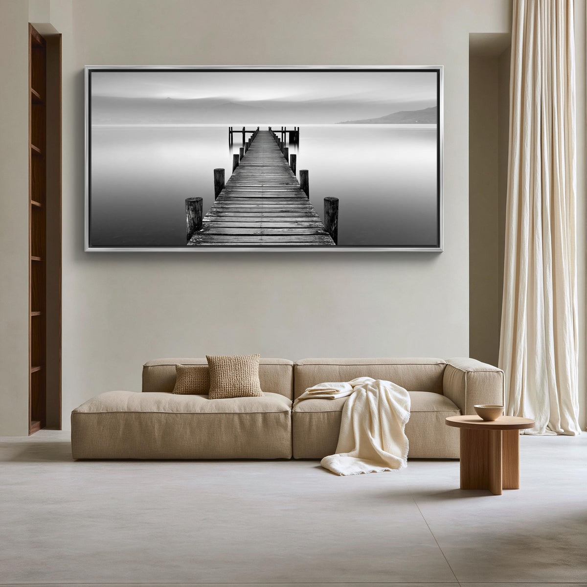 Black and white lake pier canvas wall art, large black and white photograph of a wooden pier extending into a calm body of