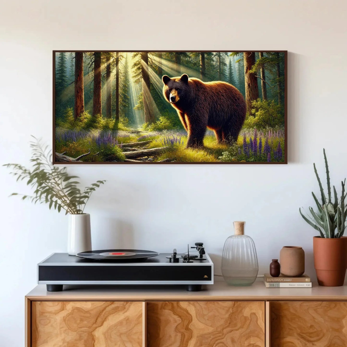American Black Bear in Forest Rays and Meadow Wildflowers | Bear Wall Art Canvas Print | Framed Rustic Decor for Cabin Living Room Wall Art – Canvas Print