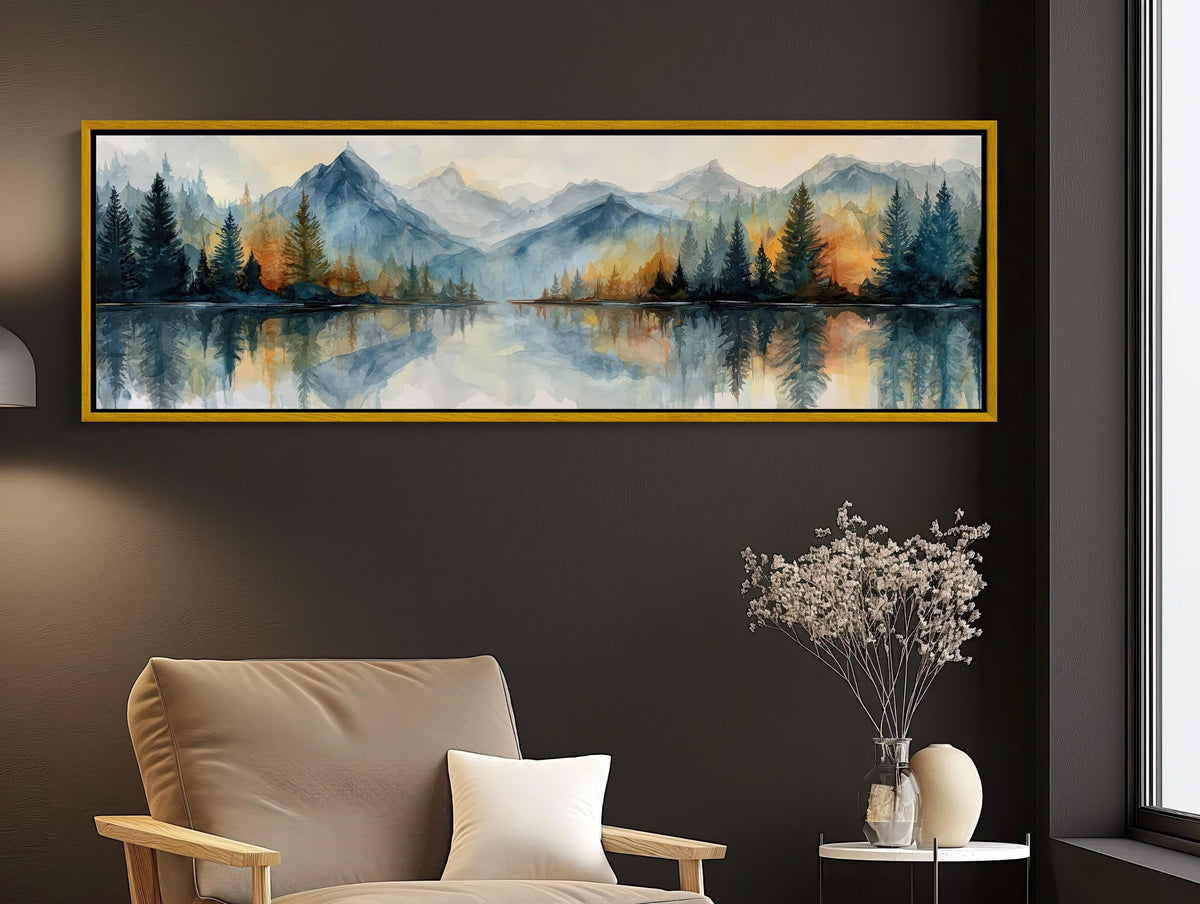 Mountain lake reflection canvas wall art, large landscape painting hanging on a wall, depicting a serene mountain lake