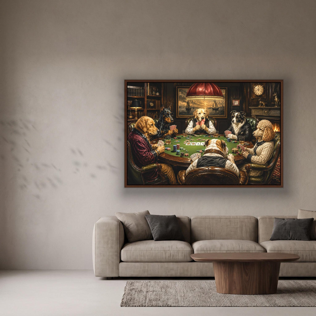 Dogs playing poker canvas wall art, group of dogs playing a game of poker at a table, with a cozy and inviting atmosphere