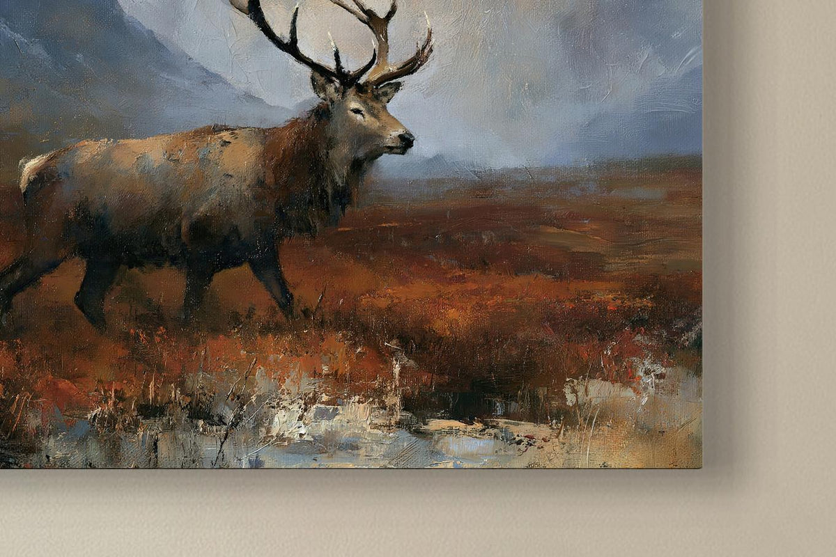 Red stag in the Highlands canvas wall art, majestic deer with large antlers standing in a field of tall grass and rocky