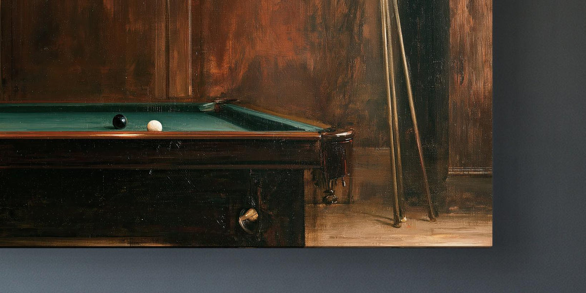 Billiard table under lamps canvas wall art, pool table with two balls on the green felt surface, surrounded by a dark wooden