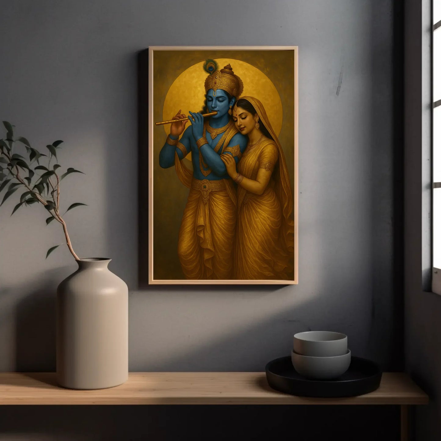 Radha Krishna Painting | Divine Love Hindu God Wall Art | Indian Spiritual Canvas Print | Blue and Gold Decor for Pooja Room Wall Art – Canvas Print