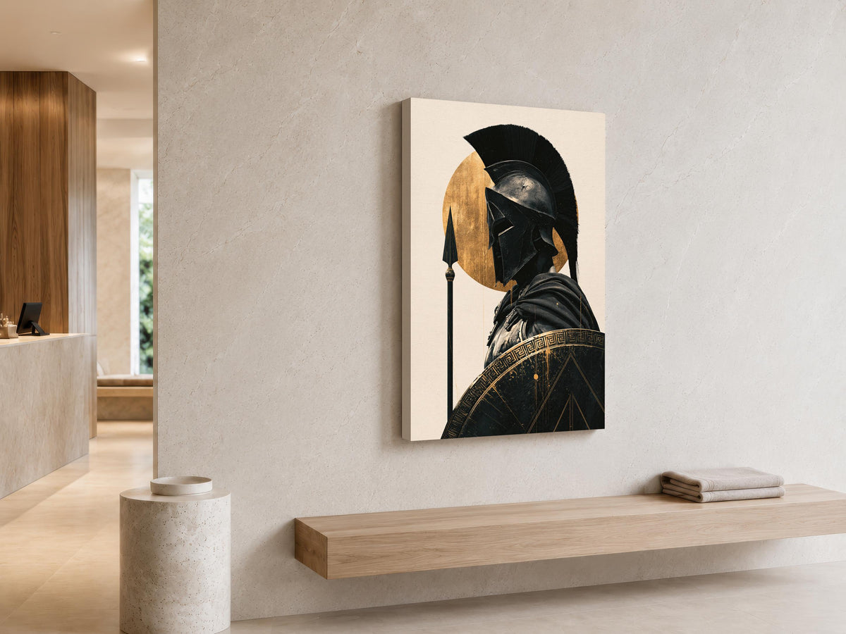 Spartan warrior in gold canvas wall art, modern interior design with a large canvas print of a warrior figure on the wall, a
