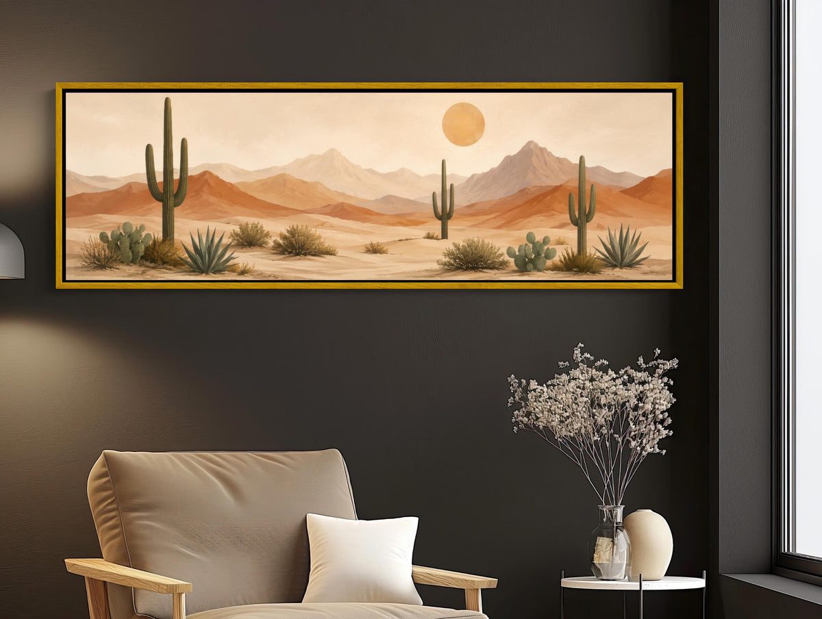 Saguaro desert panorama canvas wall art, desert landscape with cacti and mountains in the background, creating a serene and