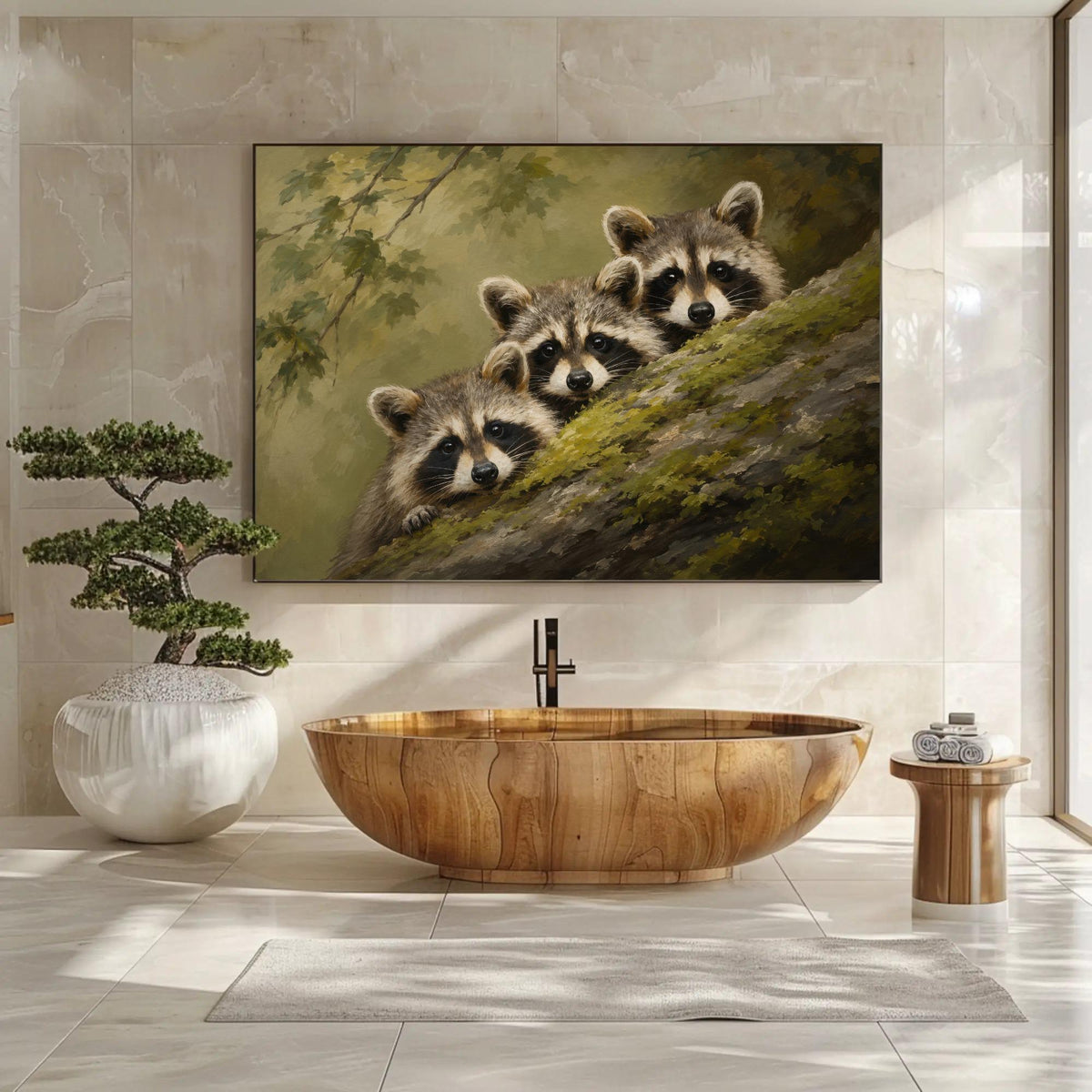 Three raccoons peeking canvas wall art, large wooden bathtub in a modern bathroom, with a painting of three raccoons peeking