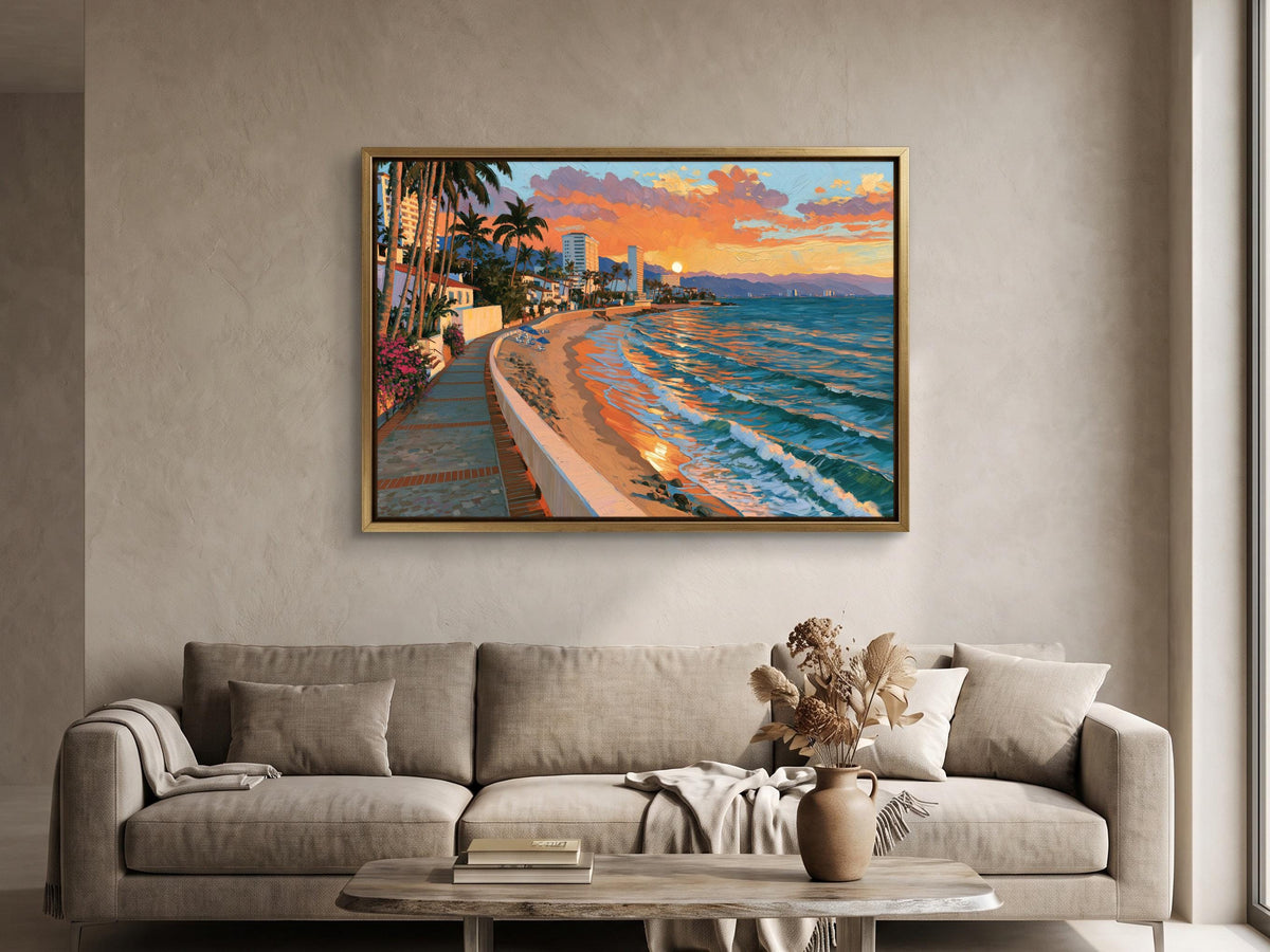 Puerto Vallarta malecon sunset canvas wall art, large framed painting of a beach scene with palm trees, a sunset, and a body