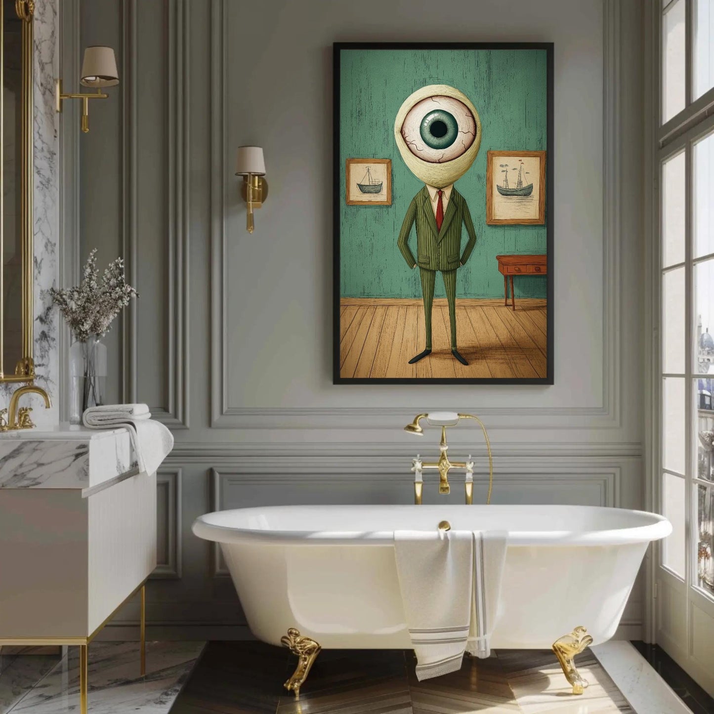 Surreal Eye Head canvas wall art shown in a bathroom