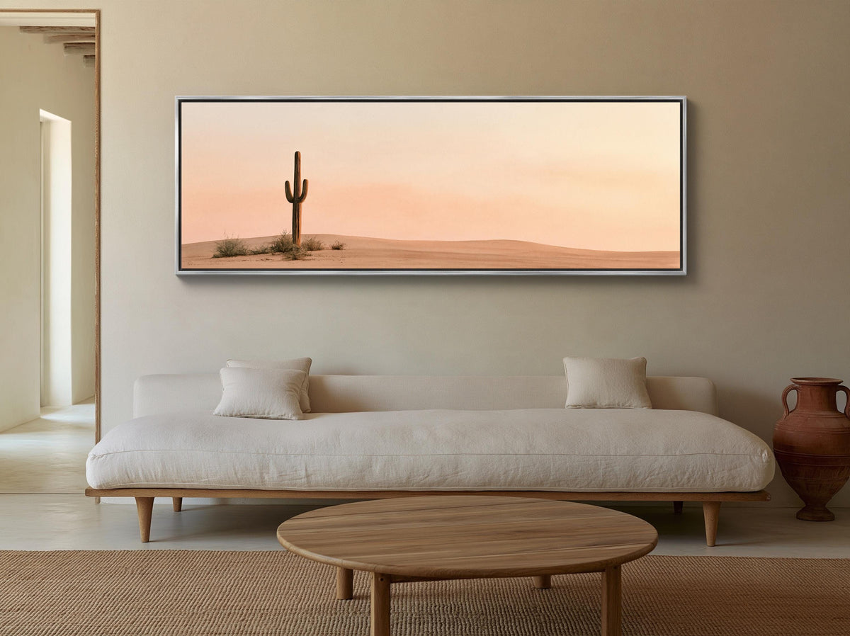 Lone cactus at peach dusk canvas wall art, desert scene with a cactus in the foreground and a desert landscape in the