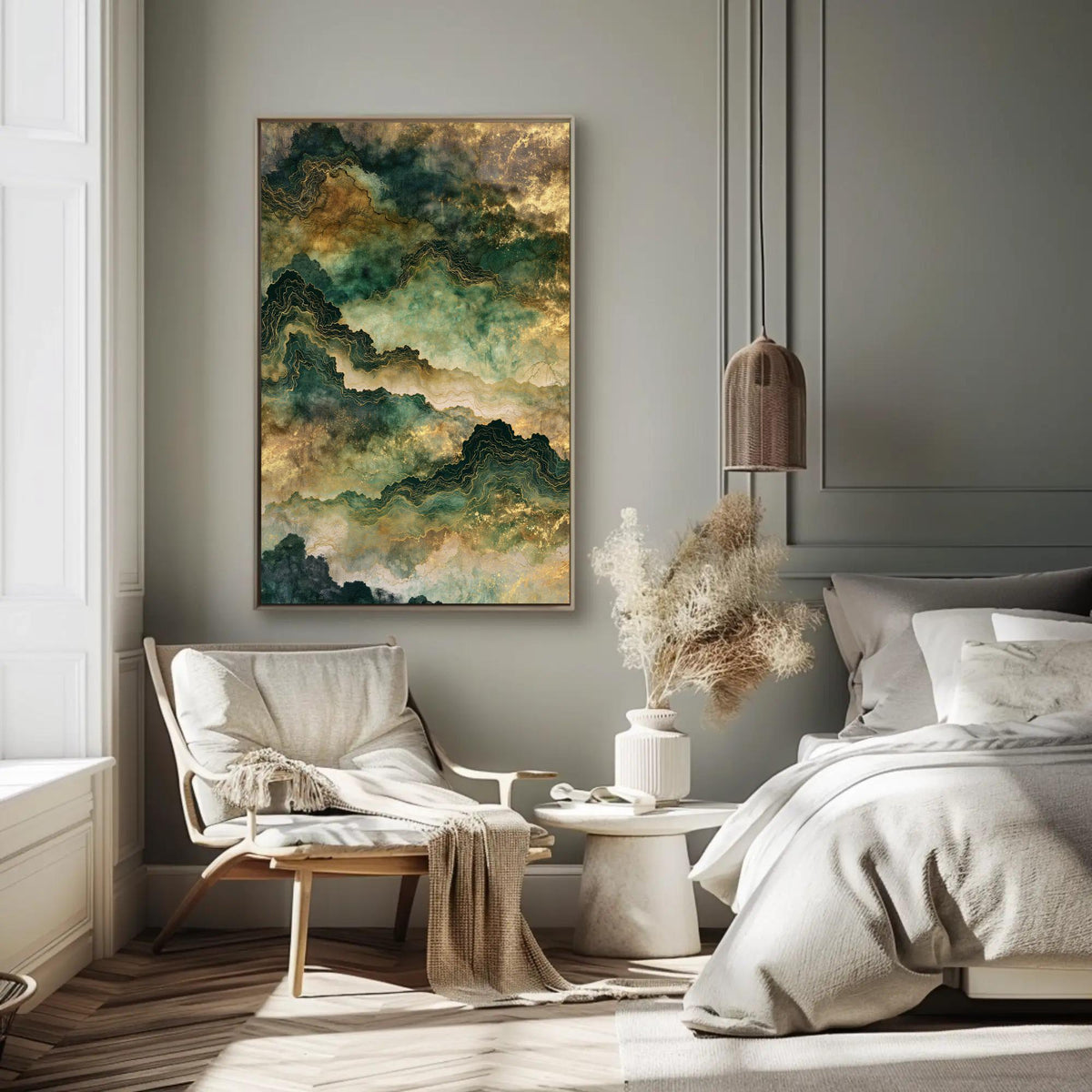 Emerald gold misty mountains canvas wall art, serene and modern bedroom with a large bed, a white chair, and a framed