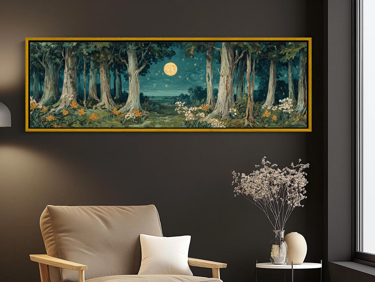 Moonlit storybook forest canvas wall art, large painting of a forest scene with a full moon in the background, hanging on a
