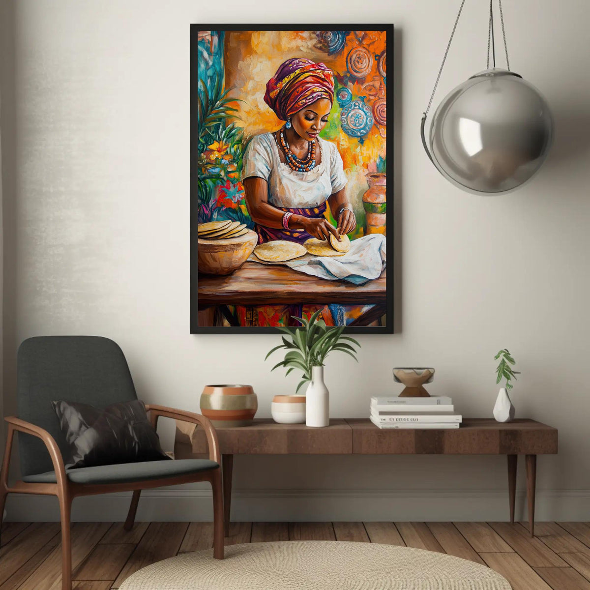 African woman in kitchen canvas wall art, woman in a colorful headscarf, sitting at a table and preparing food, with a