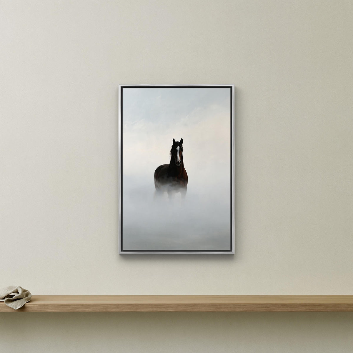 Brown horse in fog canvas wall art, framed image of a horse standing in the mist, with a wooden shelf below it