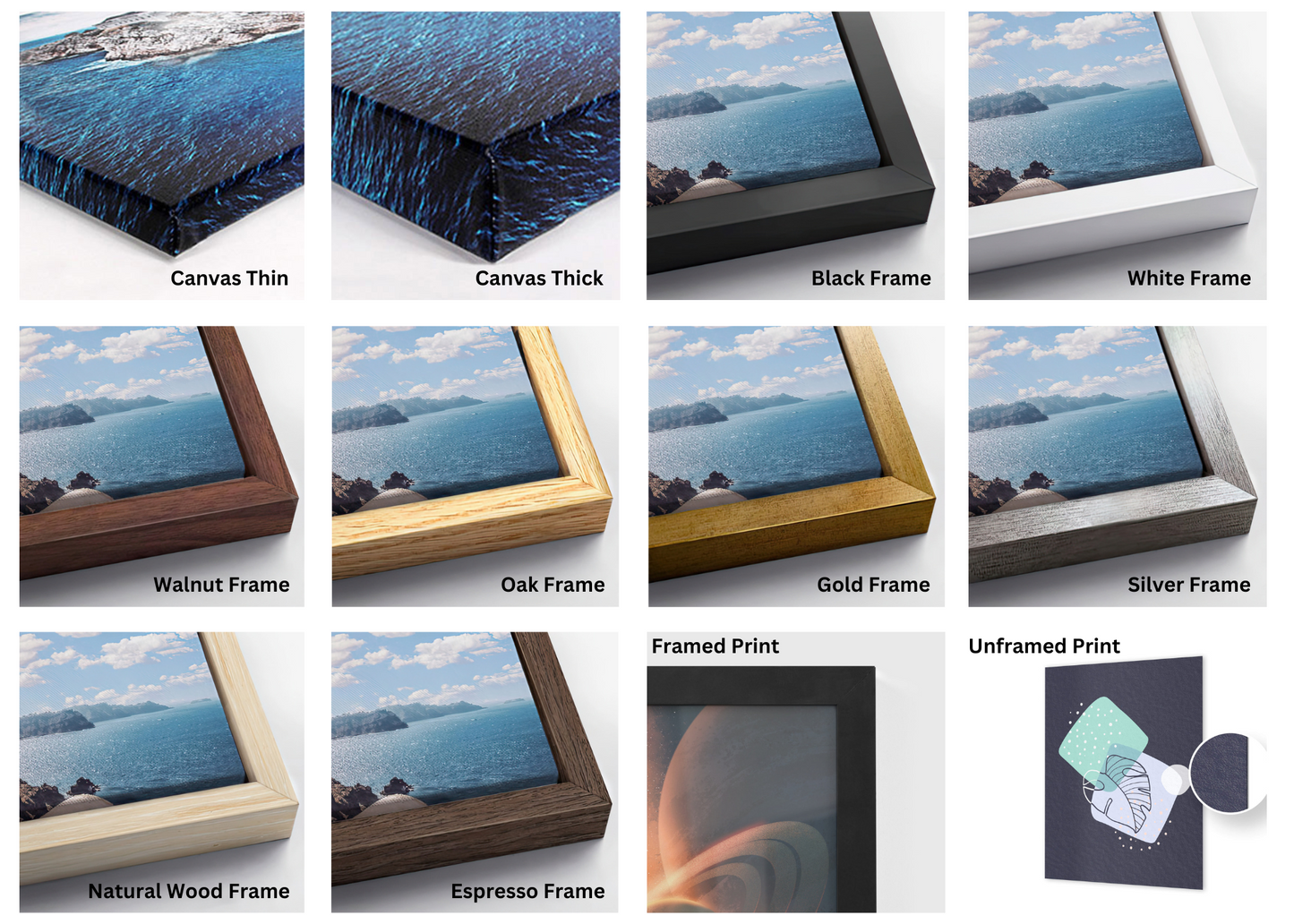 a collection of framed prints, each with a different frame color and style, showcasing various options for framing artwork.