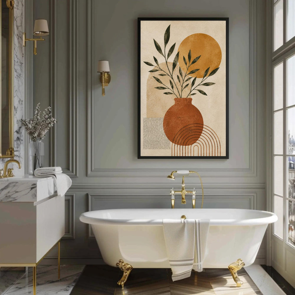 Boho terracotta vase canvas wall art, luxurious bathroom with a large, ornate claw-foot bathtub, a marble vanity, and a