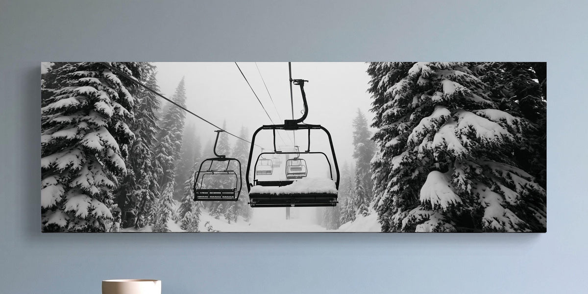 Snowy ski chairlift canvas wall art, ski lift carrying two empty seats through a snowy forest