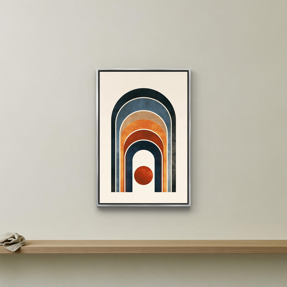 Boho rainbow arch and sun canvas wall art, framed abstract art piece with a geometric design of arches and a circular element