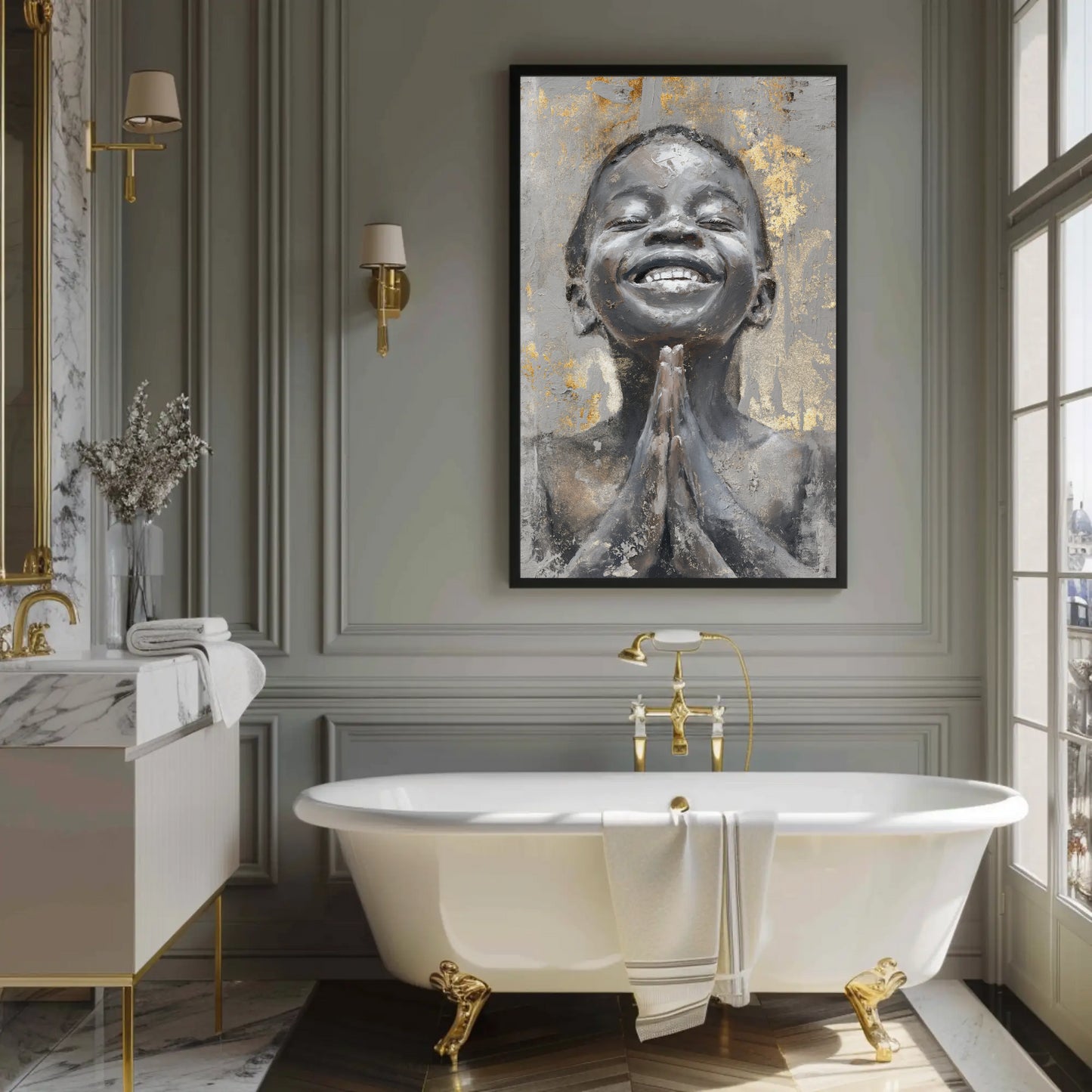 a luxurious bathroom with a large framed painting of a smiling woman on the wall above a white freestanding bathtub.