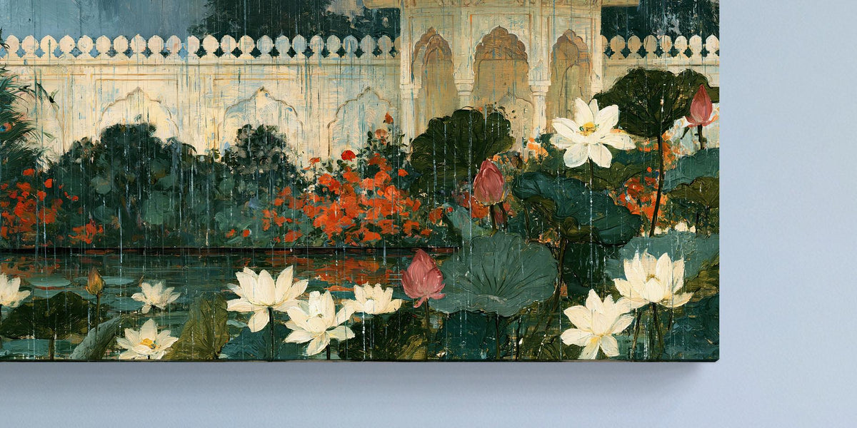 Peacock in monsoon rain canvas wall art, image is a painting depicting a garden scene with a pond filled with white and pink
