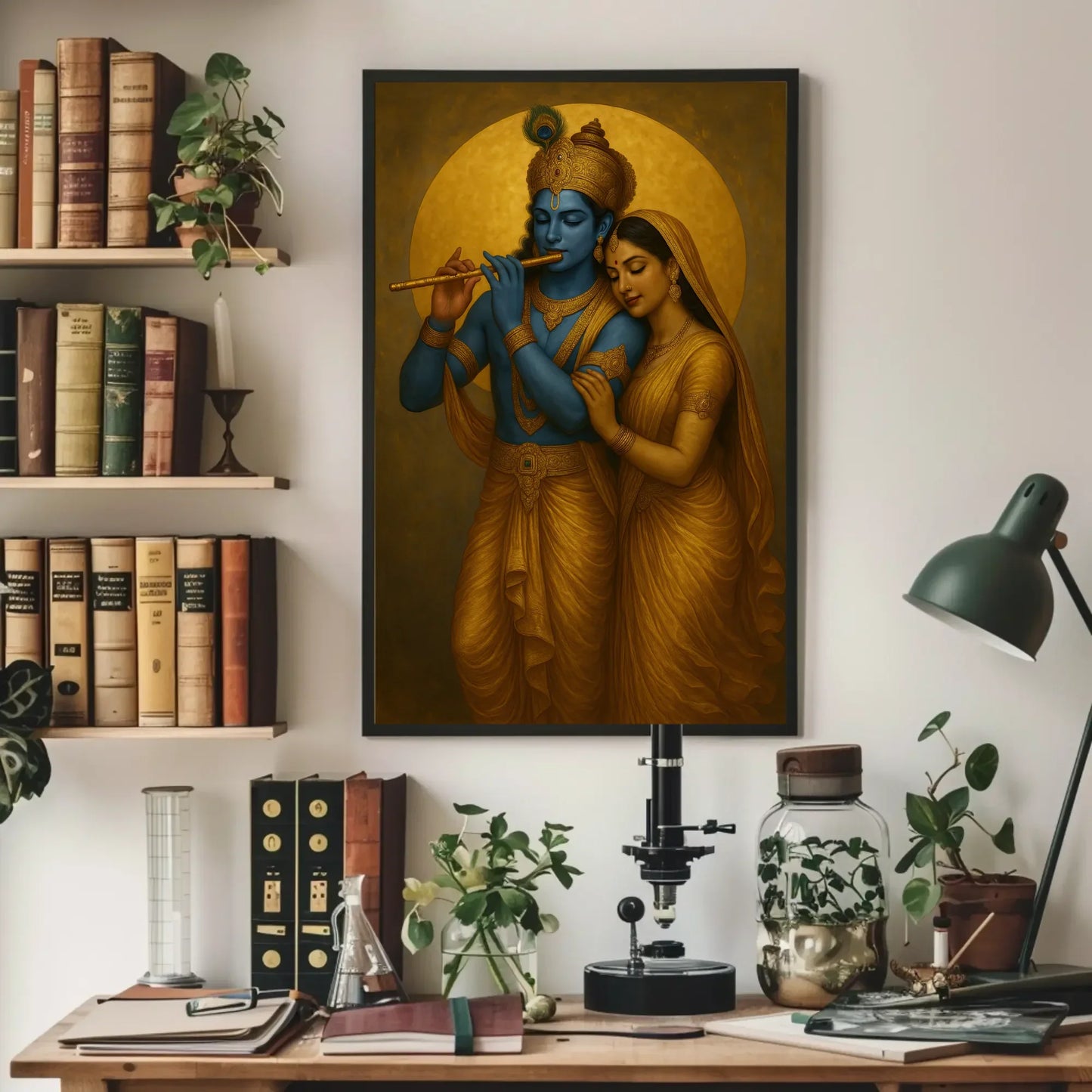 Radha Krishna Painting | Divine Love Hindu God Wall Art | Indian Spiritual Canvas Print | Blue and Gold Decor for Pooja Room Wall Art – Canvas Print
