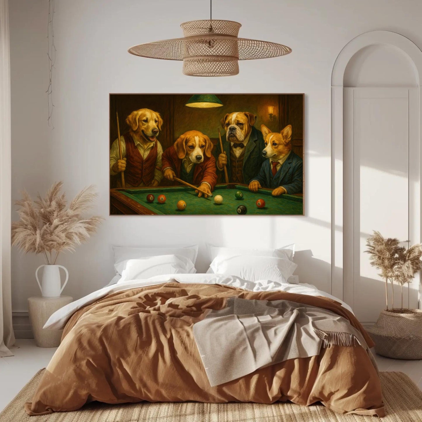 a painting of three dogs playing pool together