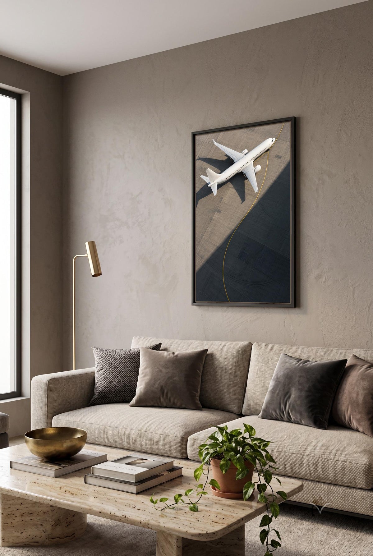 a modern living room with a large window, a beige sofa, a wooden coffee table, and a framed artwork of a white airplane on the wall.