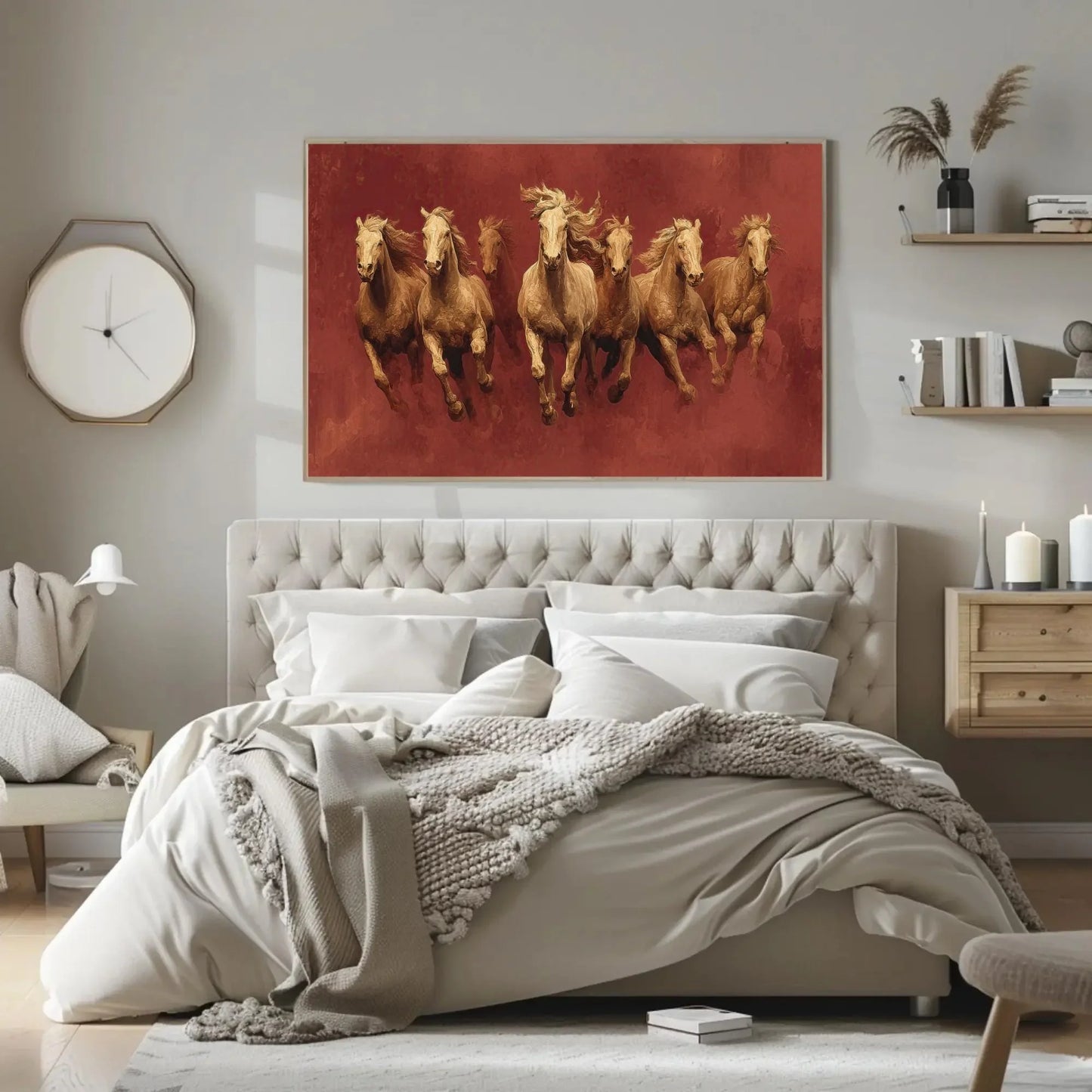 7 Gold Horses Vastu Canvas Art - Mocha Sunrise, Luxury Indian Decor for Success & Prosperity, Contemporary Equine Painting Wall Art – Canvas Print