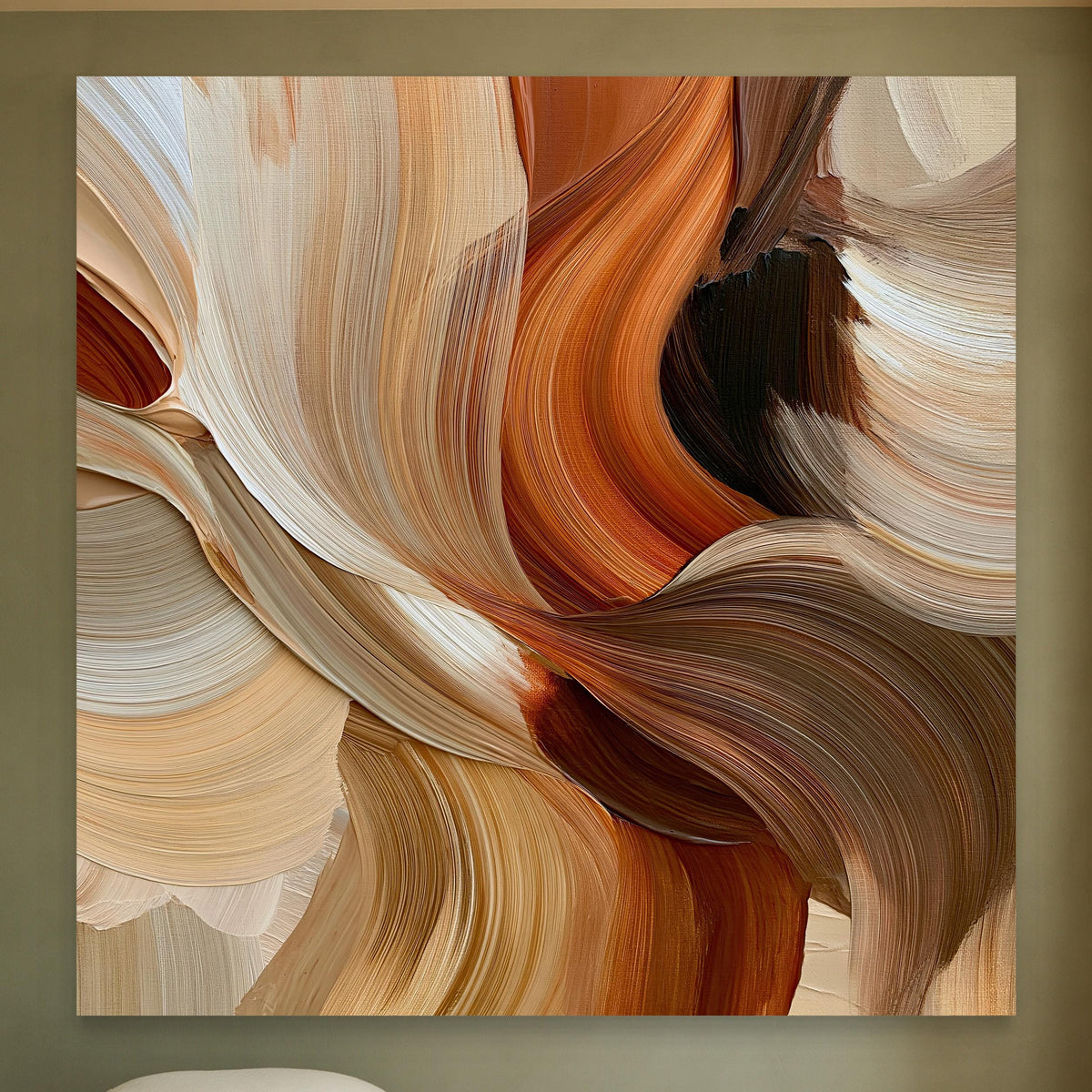 Abstract flowing hair canvas wall art, image is a large abstract painting with a vibrant mix of warm colors, including