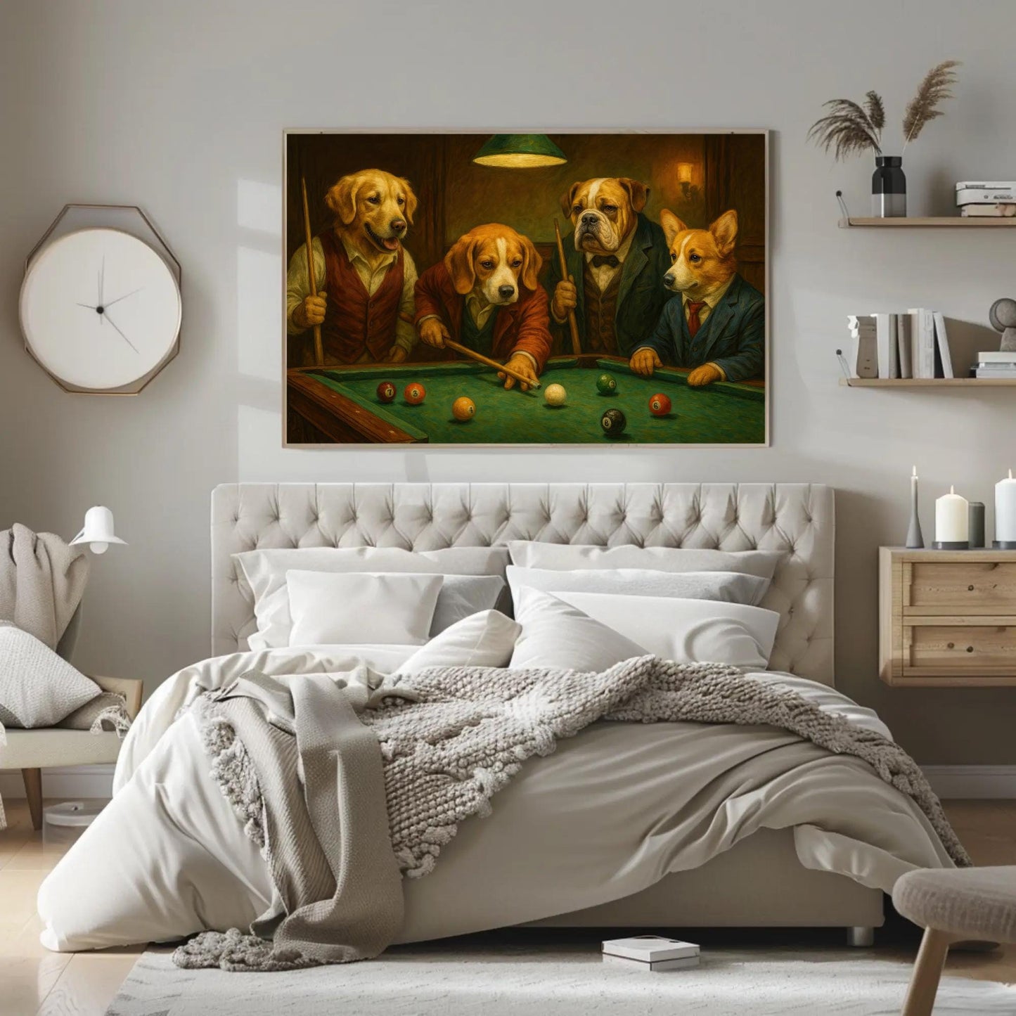 a painting of three dogs playing pool in a bedroom
