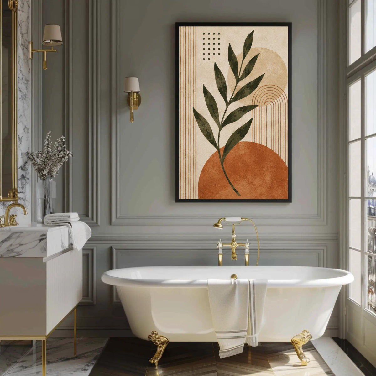 Boho leaf and sun canvas wall art, luxurious bathroom with a large white freestanding bathtub, a marble vanity, and a framed