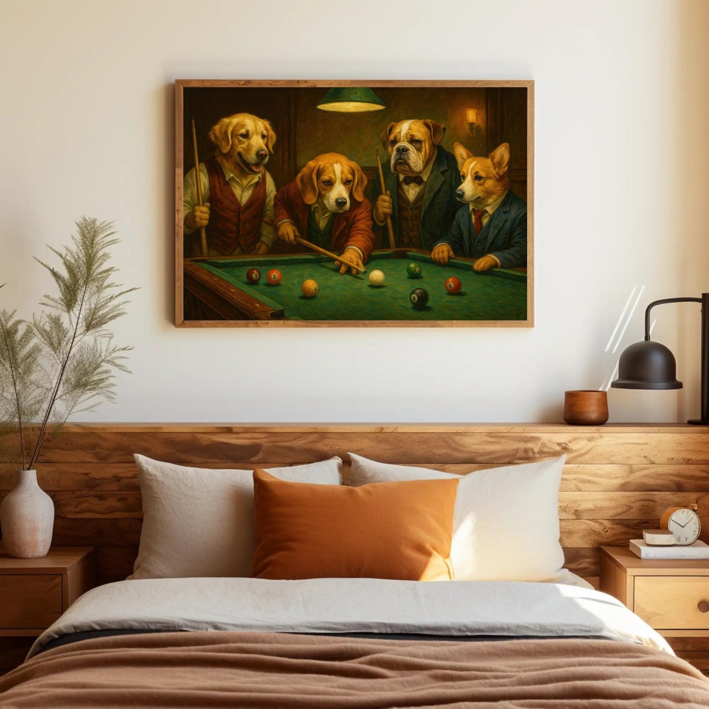 a painting of dogs playing pool on a bed