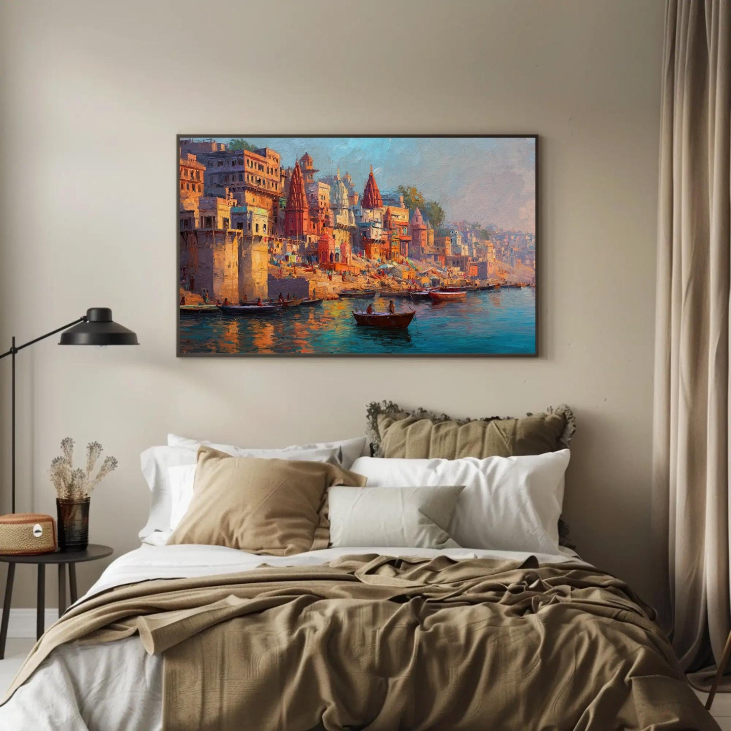 Varanasi Ghat canvas wall art shown above a bed (view 2)