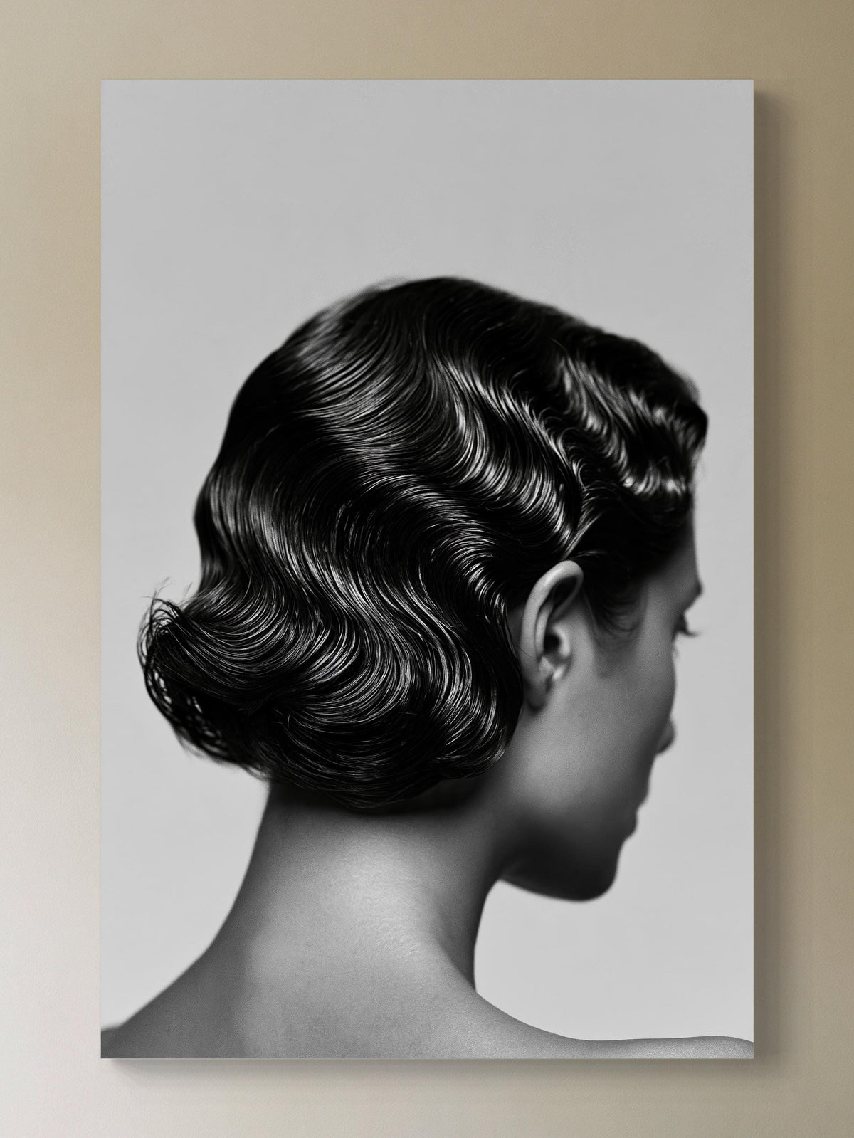 Finger wave hairstyle canvas wall art, black and white portrait of a woman with wavy hair, facing away from the camera