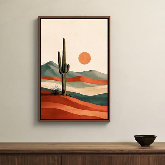 Boho cactus and sun canvas wall art, framed painting of a desert landscape with a cactus in the foreground and mountains in