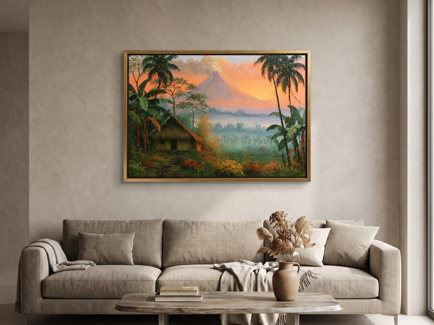 a large painting of a tropical landscape hanging on a wall above a beige sofa in a living room.