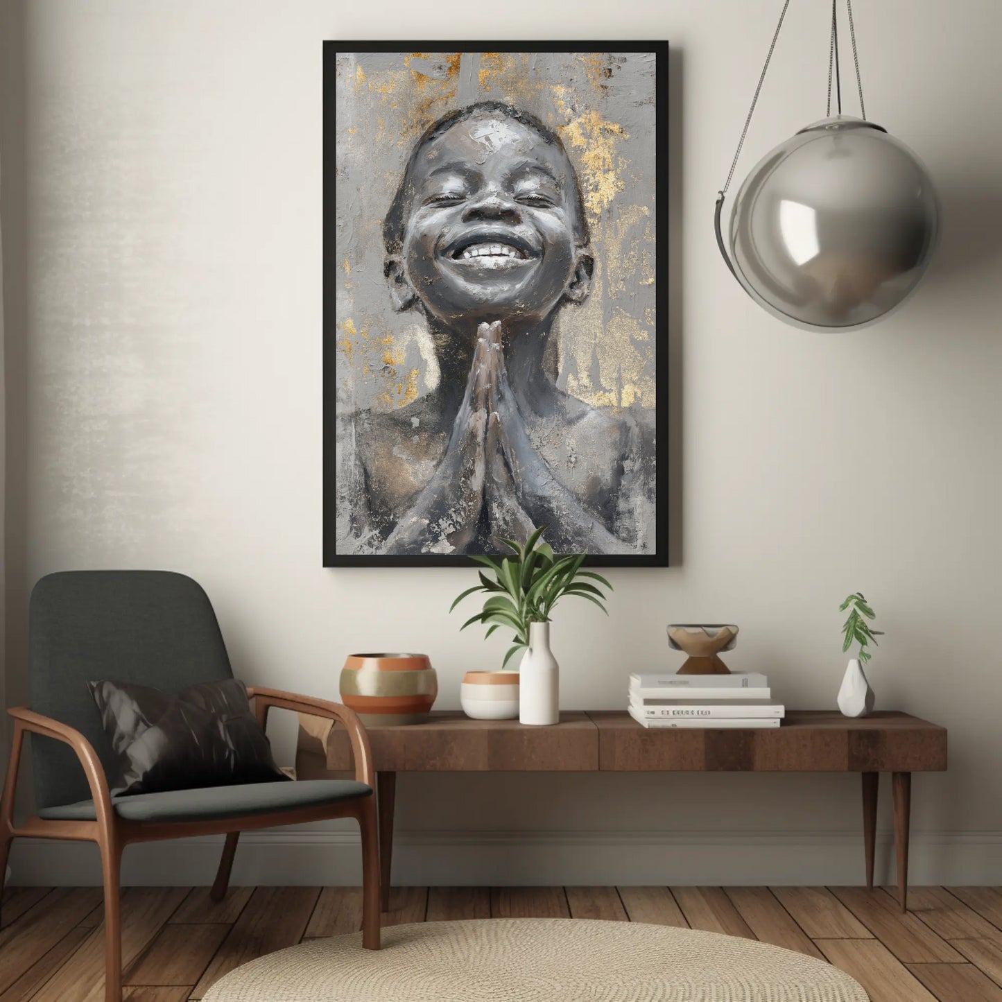 a modern living room with a large framed painting of a smiling woman hanging on the wall above a wooden coffee table. The table has various decorative items, including a vase, a bowl, and a stack of books. A gray armchair is also present in the room, and a potted plant is placed on the floor.