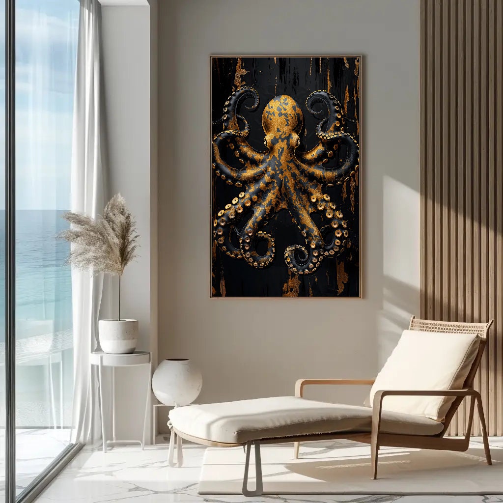 a living room with a chair and a painting on the wall