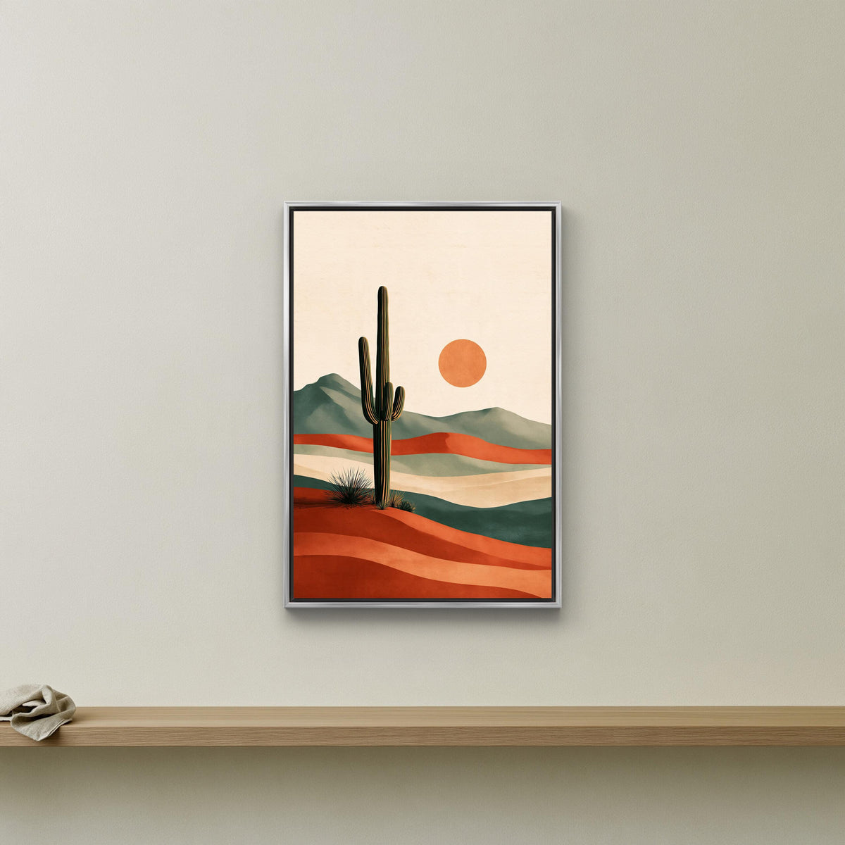 Boho cactus and sun canvas wall art, framed painting of a desert landscape with a cactus in the foreground and mountains in