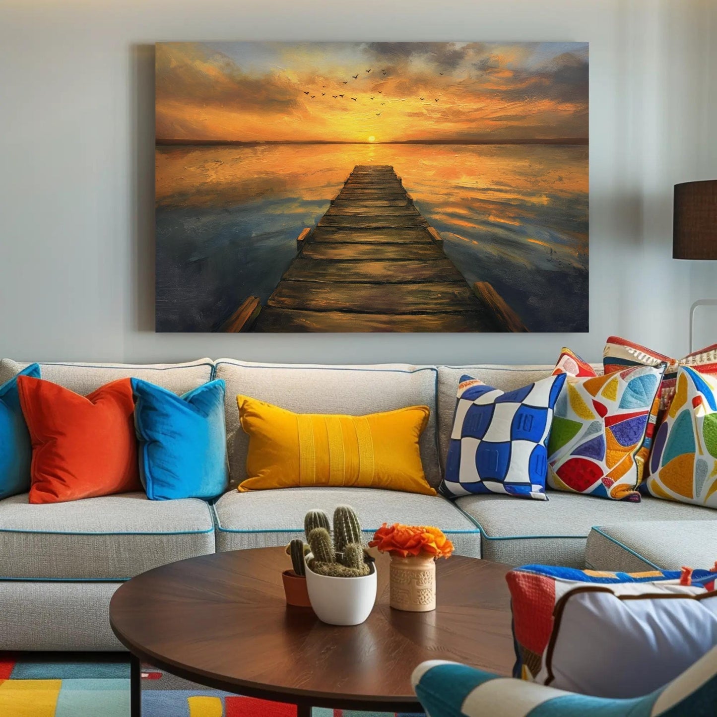 Sunset Dock Canvas - Extra Large Rustic Sunset Scene Lake House Decor Print