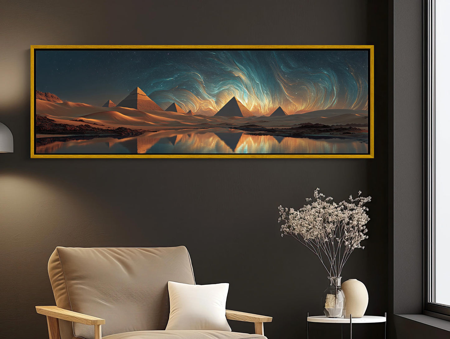 Egyptian Pyramids canvas wall art shown above an armchair