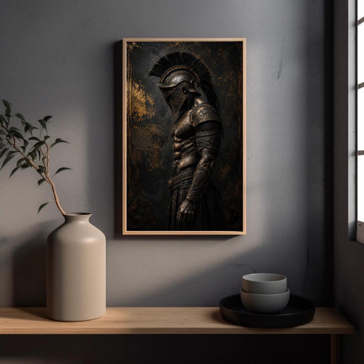 Spartan Hoplite canvas wall art shown in a styled room (view 3)