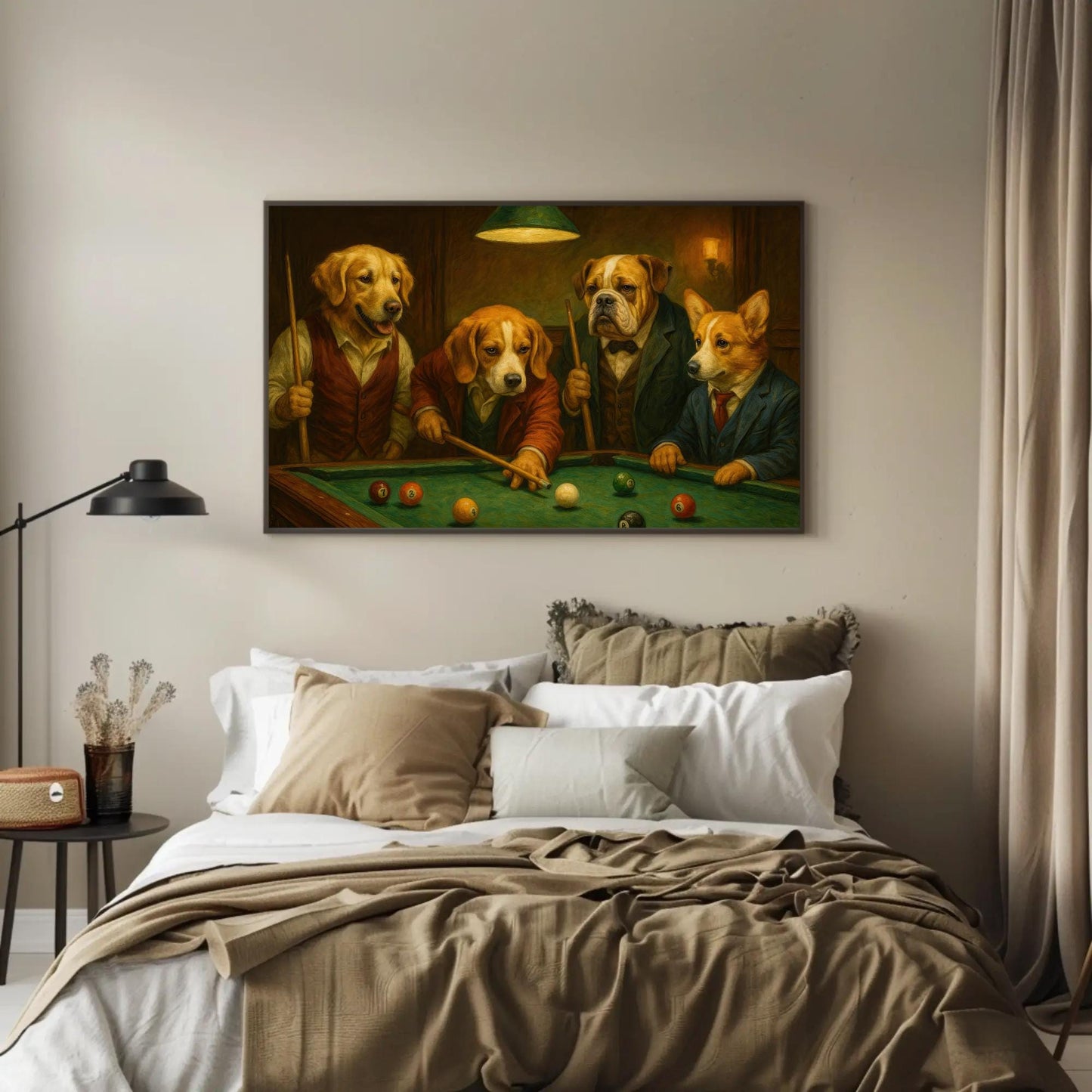 a painting of three dogs playing pool together