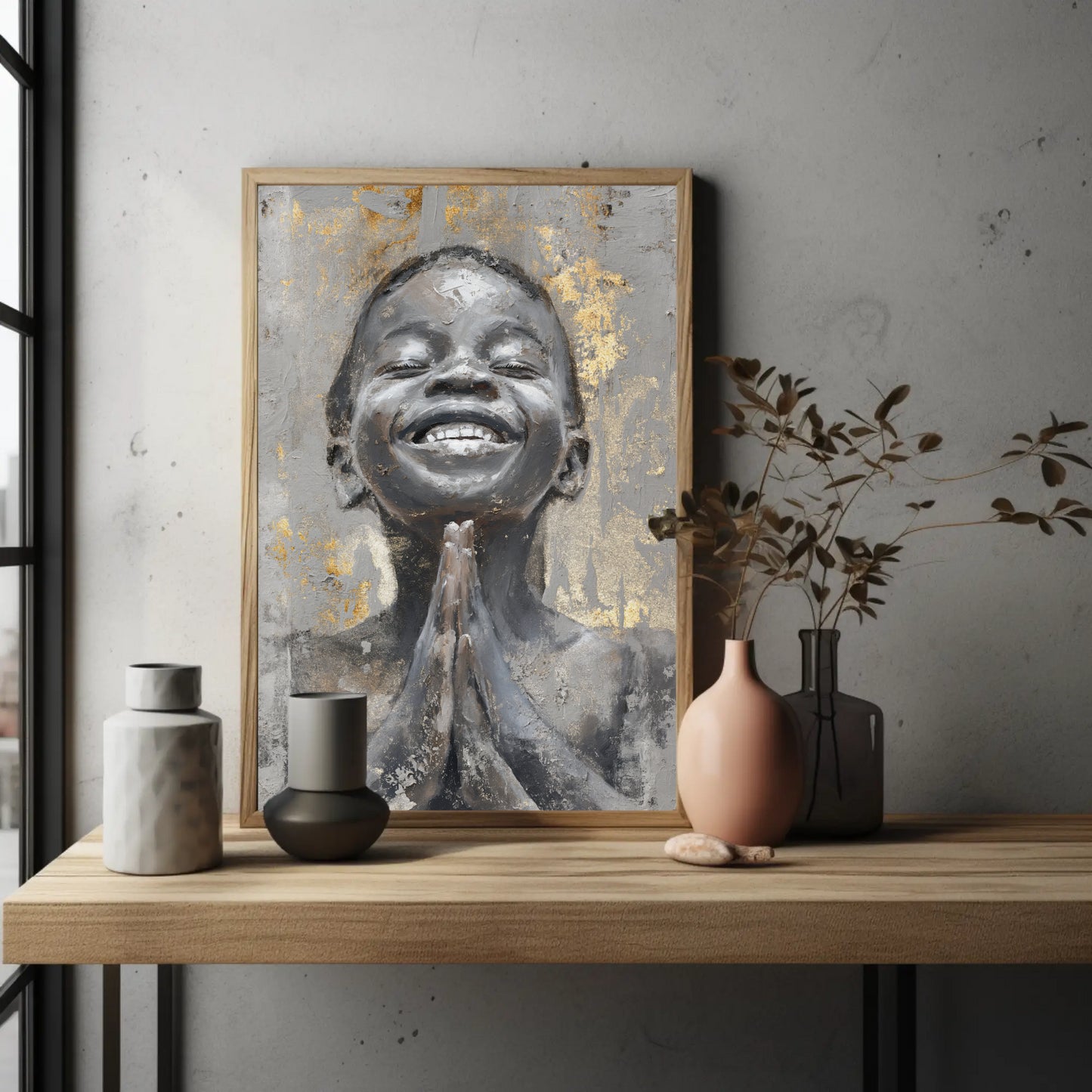 a wooden shelf with a framed painting of a smiling person, a vase with flowers, and two small vases on it.