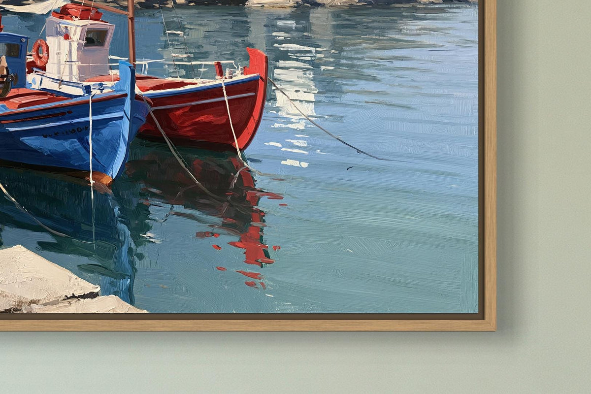 Greek island harbor boats canvas wall art, two boats floating on a body of water, with a wooden frame surrounding the picture