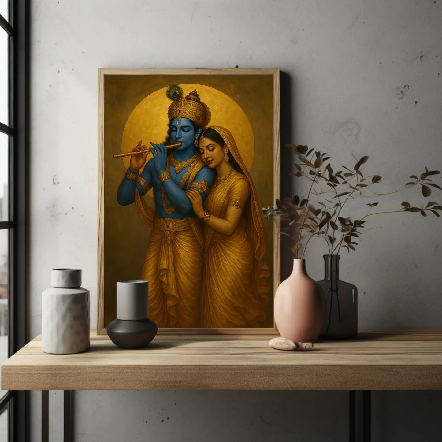 Radha Krishna Painting | Divine Love Hindu God Wall Art | Indian Spiritual Canvas Print | Blue and Gold Decor for Pooja Room Wall Art – Canvas Print