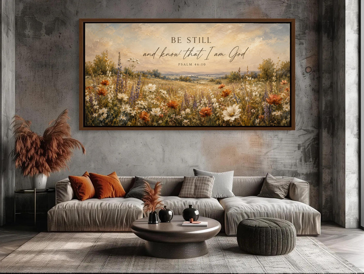 Be Still wildflower scripture canvas wall art, large painting of a field with flowers hanging on a wall above a gray sofa