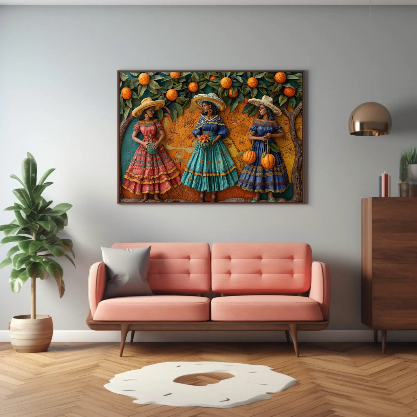a living room with a couch and a painting on the wall