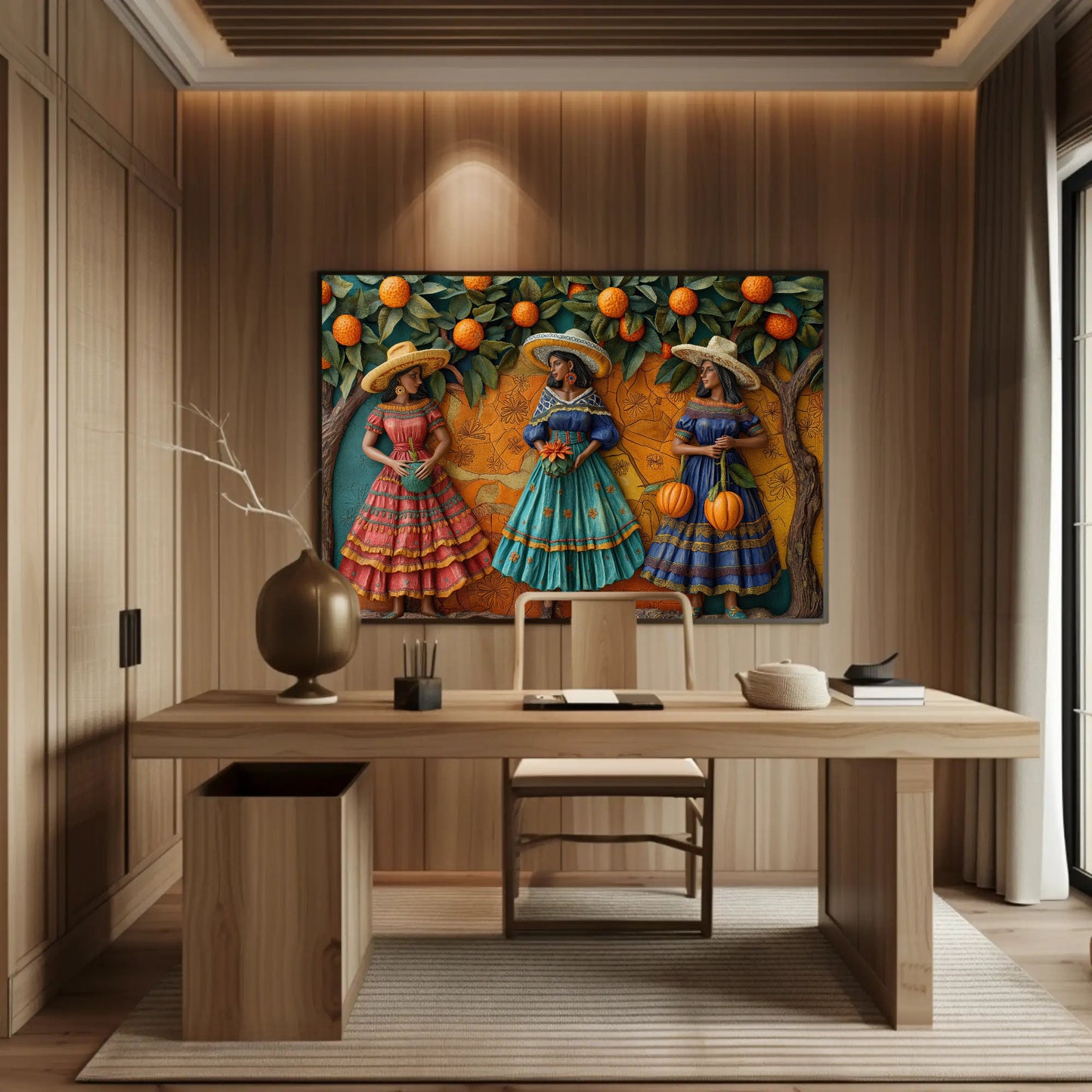 a desk with a painting on it in a room