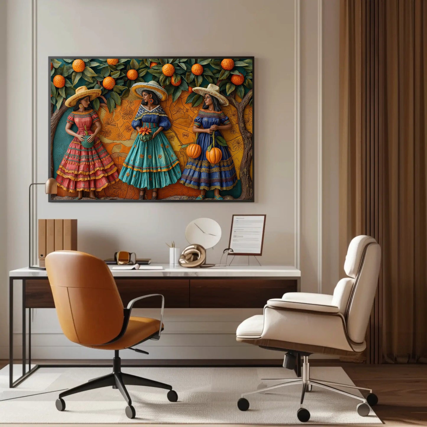 a desk with a chair and a painting on the wall
