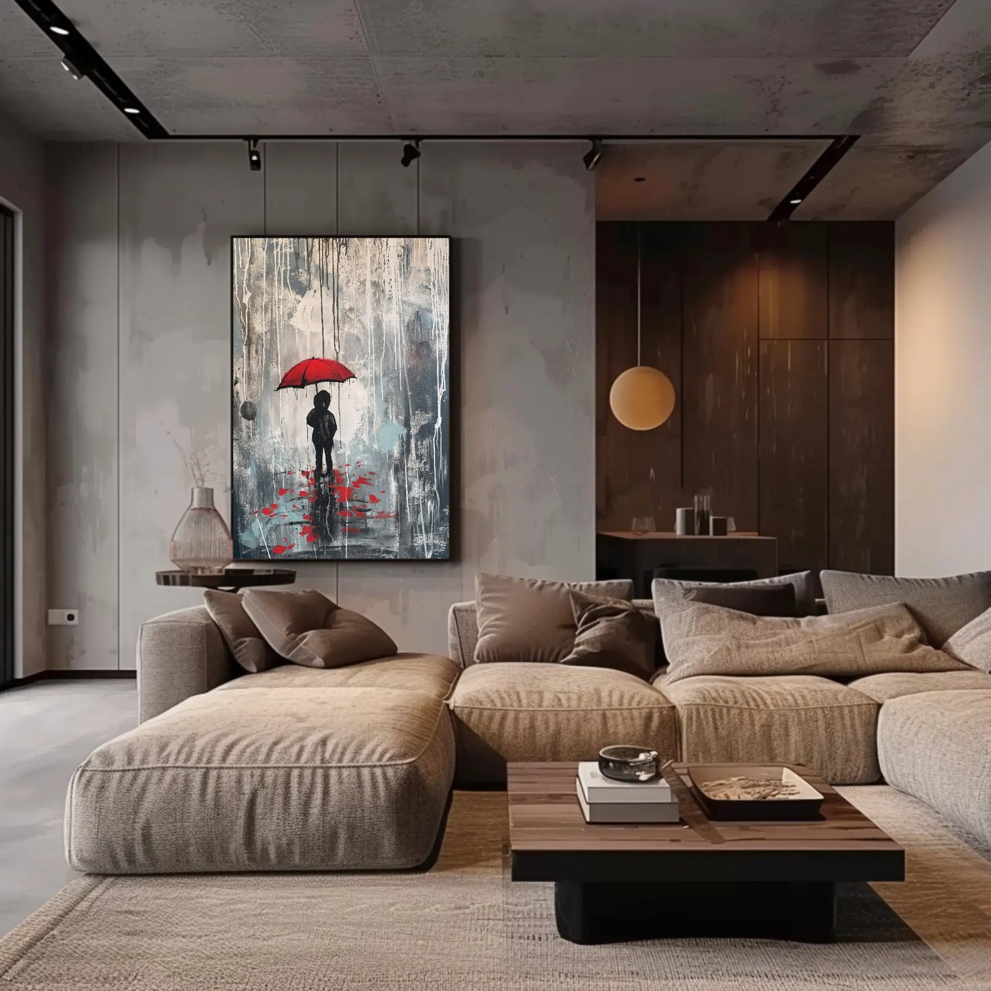 a living room filled with furniture and a painting on the wall